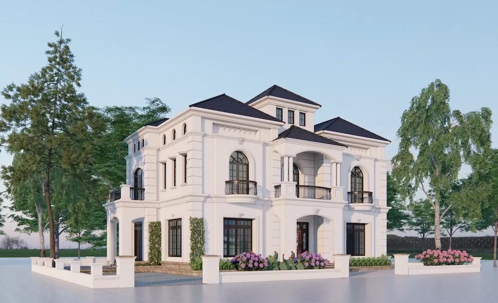 Nhà vuông tân cổ điển mái thái 2 tầng 5 phòng ngủ