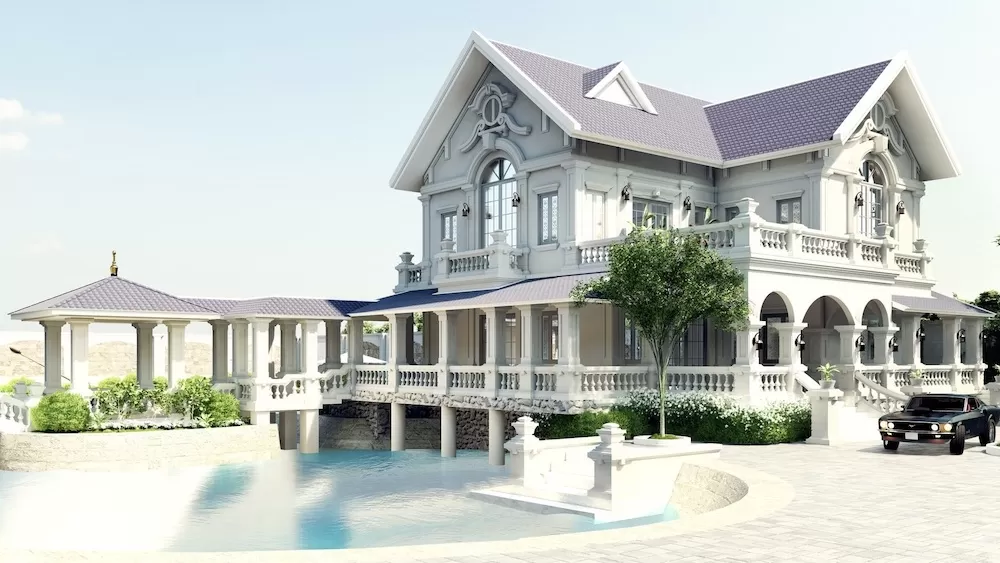 Mẫu biệt thự tân cổ điển sân vườn hình chữ L có ao cá cảnh