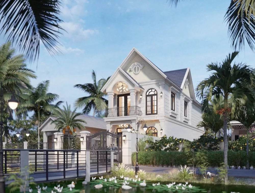 Nhà vườn dáng chữ L mái thái có sông trước mặt tiền
