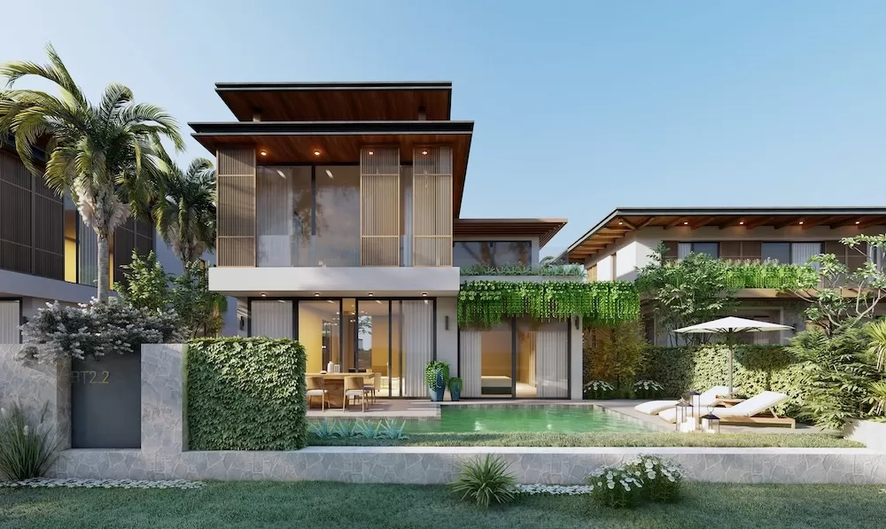 Mẫu nhà vườn có bể bơi hình chữ L
