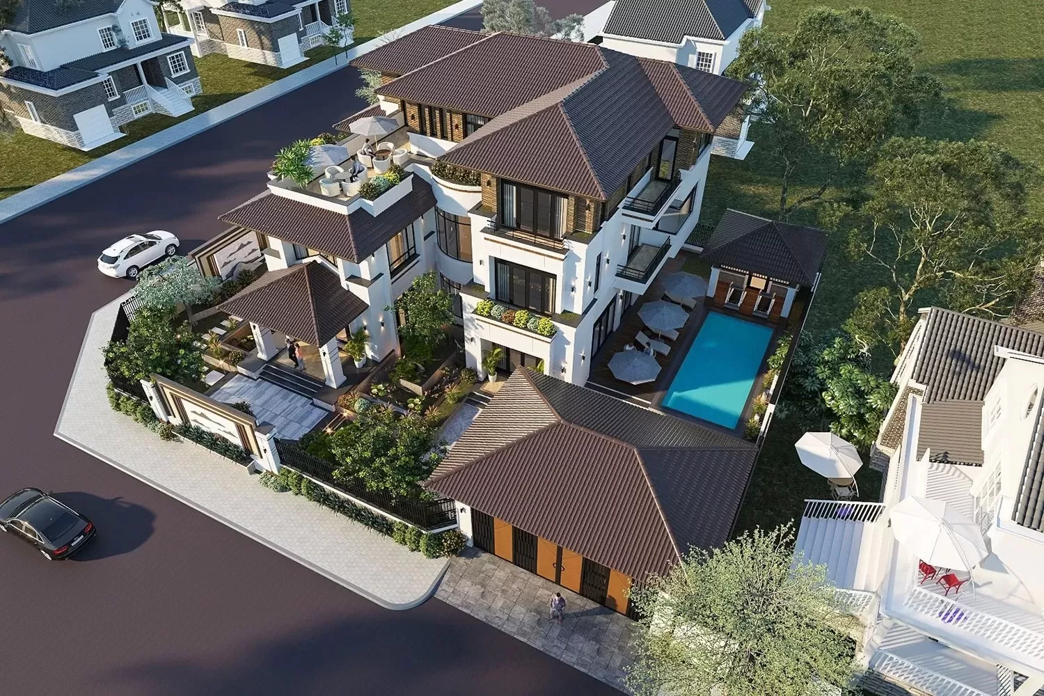 Mẫu nhà 3 tầng 2 mặt tiền hiện đại lô góc