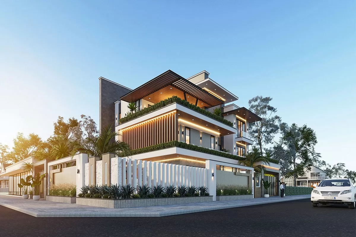 Mẫu nhà 2 mặt tiền 3 tầng hiện đại mái bằng