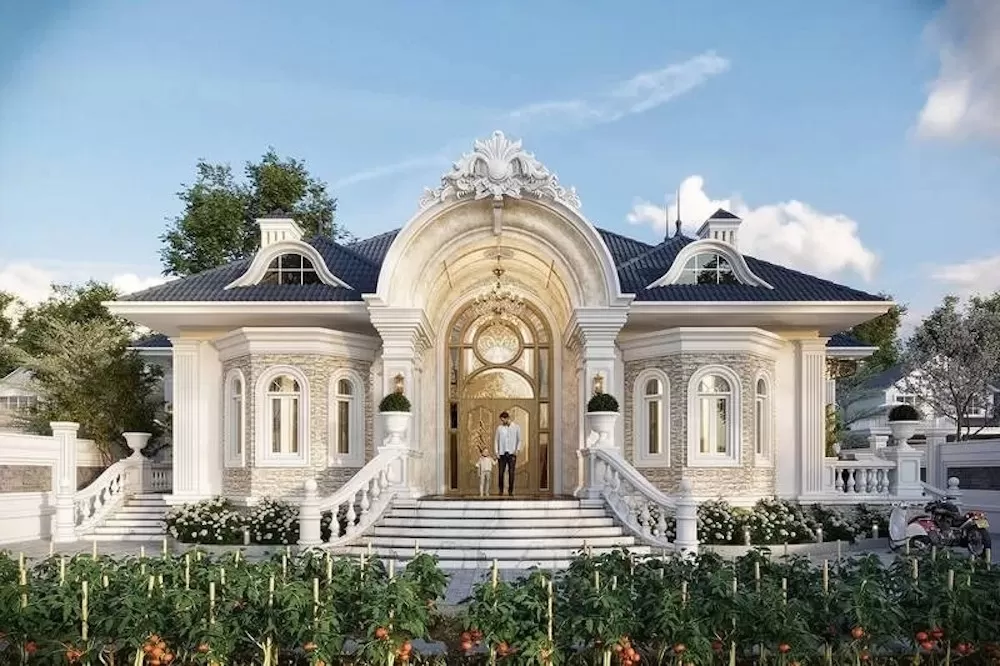 Mẫu lâu đài mini 90m2 1 tầng phong cách châu Âu cổ điển