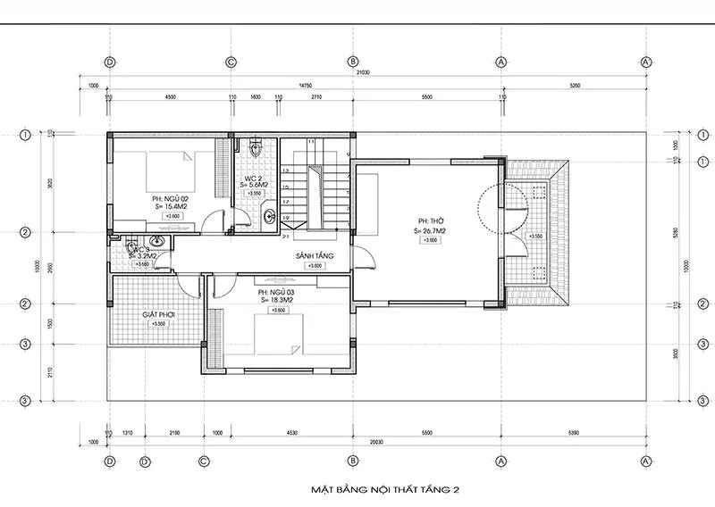 Mặt bằng nội thất tầng 2 căn nhà