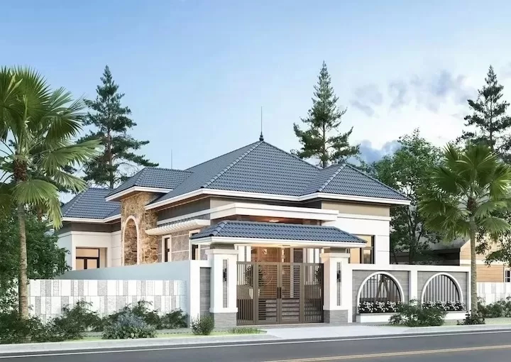 Nhà kiểu mái thái được xây dựng với sân vườn rộng rãi, giúp tạo ra không gian sống xanh, thoáng mát và thư giãn