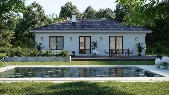 Mẫu nhà 1 tầng mái thái 8x12m có hồ bơi
