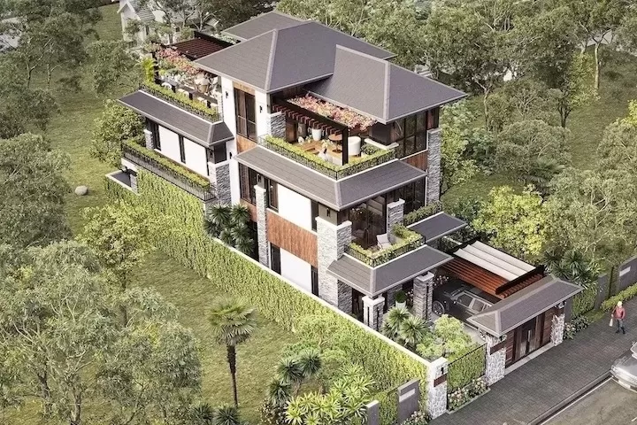 Nhà phố 3 tầng mái thái hiện đại có gara