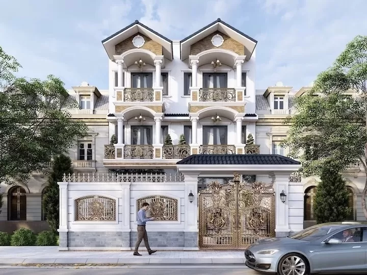 Biệt thự song lập mái thái tân cổ điển 3 tầng mặt tiền 10m