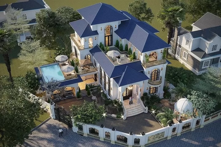 Mẫu nhà lô góc 2 mặt tiền mái thái 3 tầng 200m2