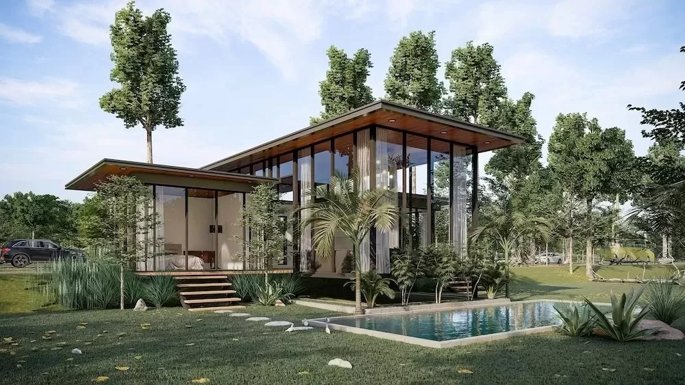 Biệt thự kính 2 tầng chữ L