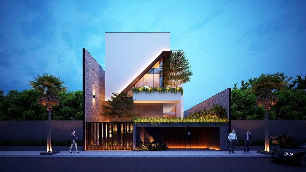 Mặt bằng kiến trúc biệt thự 3 tầng mái lệch