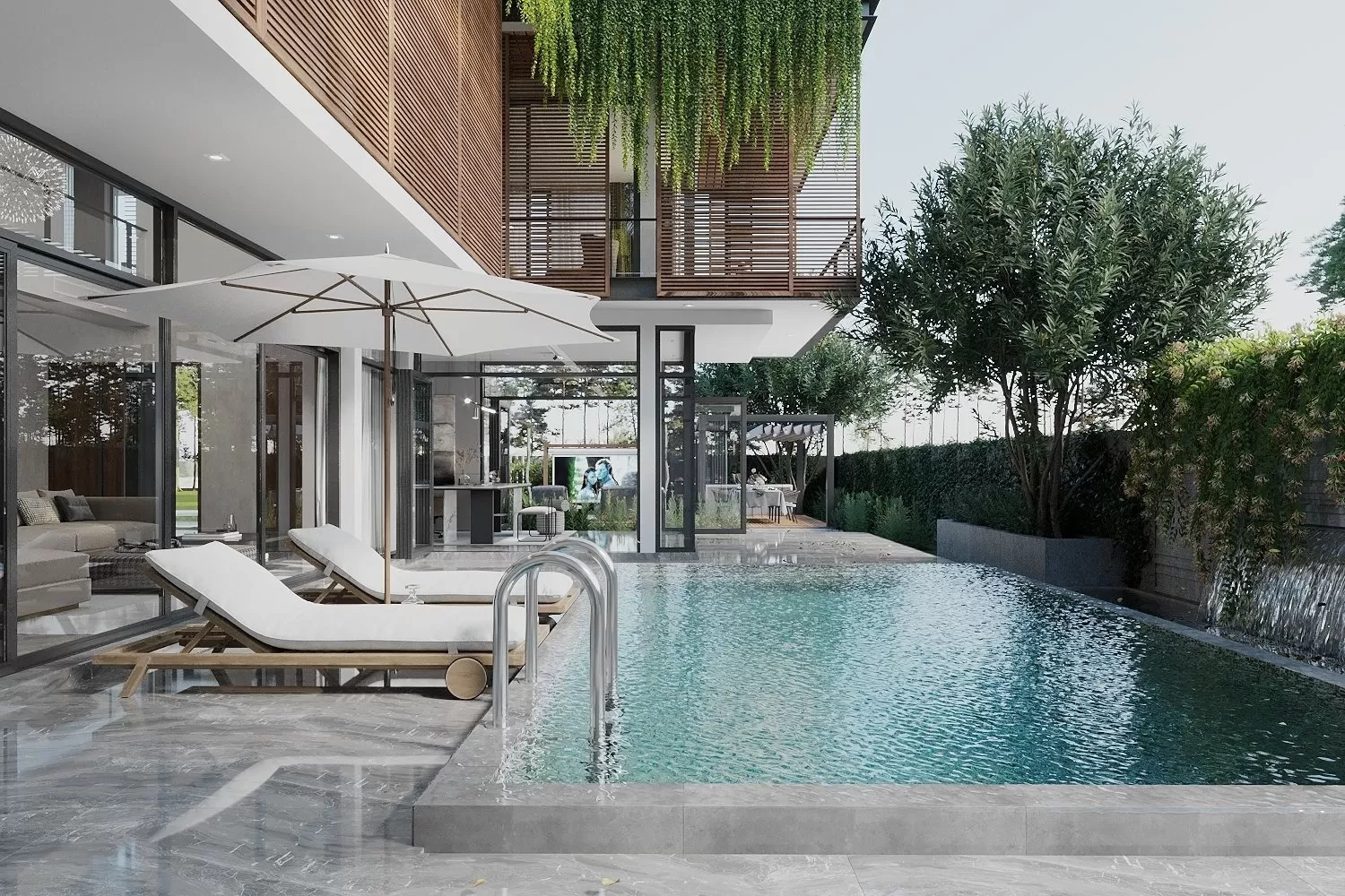 Hồ bơi được thiết kế bên hông nhà rất thuận tiện di chuyển