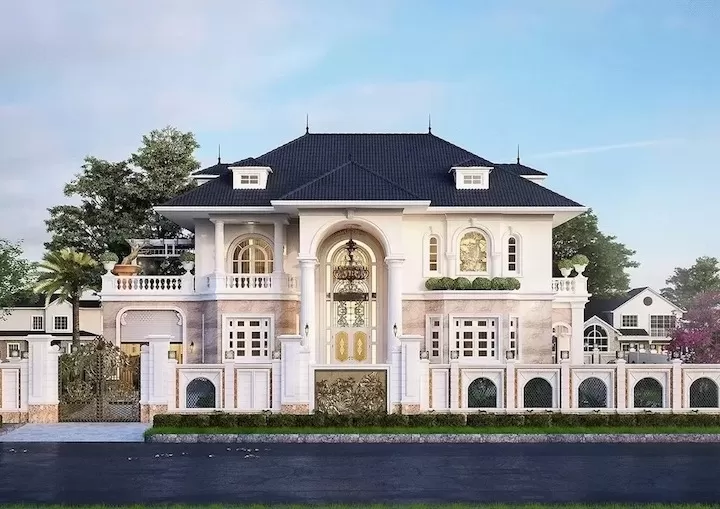 Mẫu thiết kế nhà 2 tầng 1 tum phong cách Pháp tạo dựng không gian lộng lẫy bằng màu sắc và vật liệu cao cấp