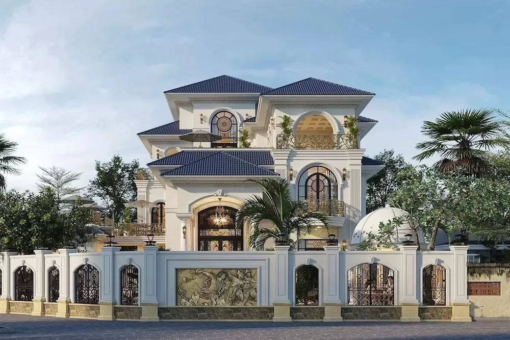 Nhà phố 2 tầng 1 tum 2 mặt tiền tân cổ điển kiểu pháp