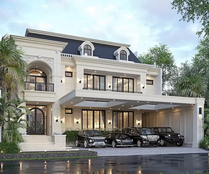 Nhà 2 tầng 1 tum phong cách hiện đại kiểu Pháp 8x15m có gara