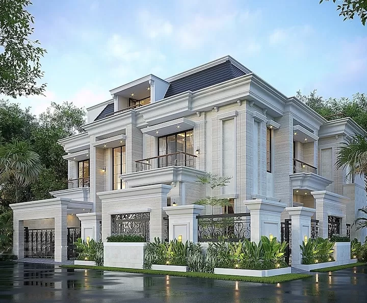 Bản vẽ nhà đẹp 2 tầng 3 phòng ngủ 1tum kiểu Pháp hiện đại