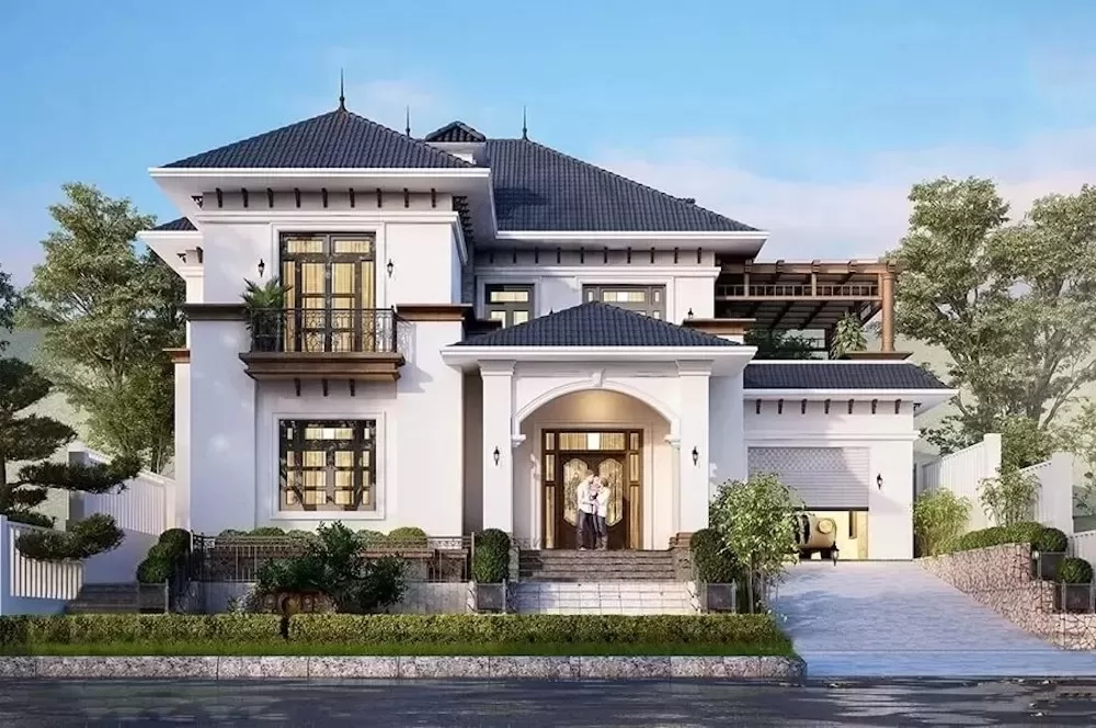 Thiết kế mẫu nhà vườn mái thái tân cổ điển 2 tầng 1 tum kiểu Pháp