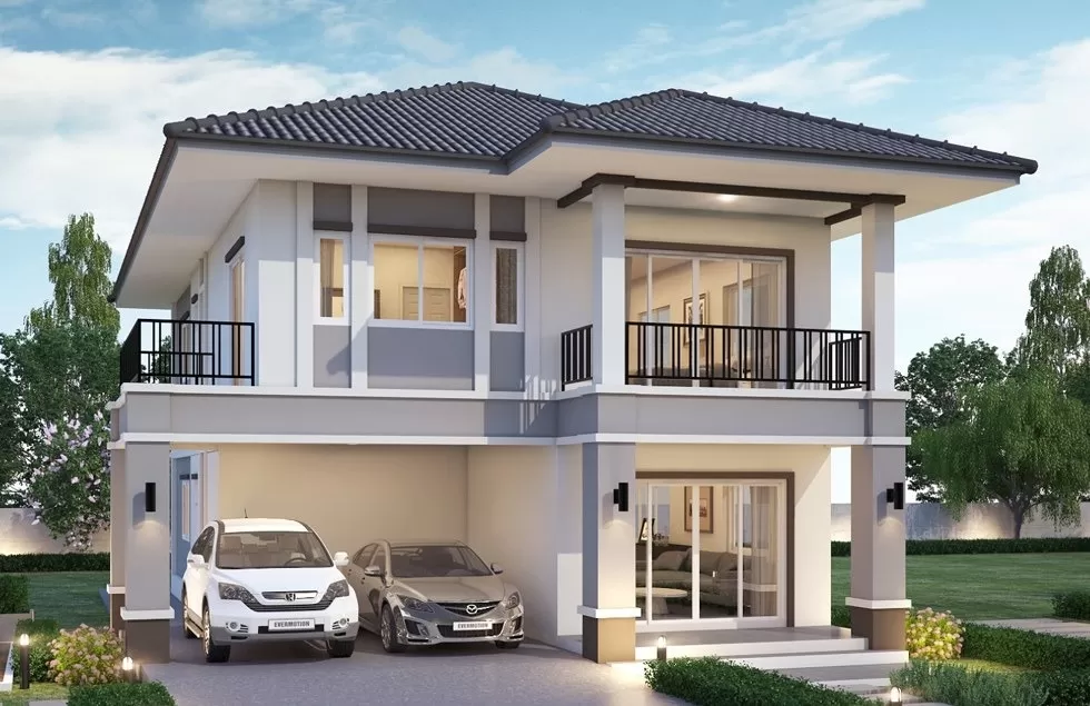 Nhà mái Nhật 2 tầng màu trắng hiện đại