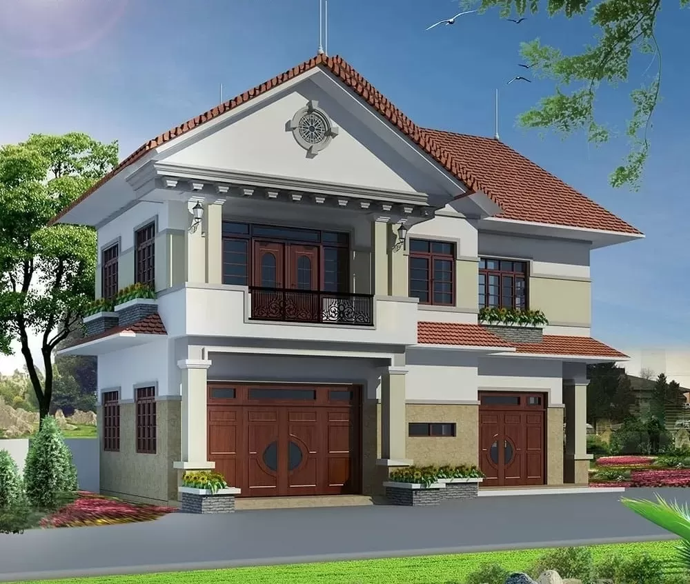 Mẫu nhà vuông 2 tầng 90m2 mái thái đỏ