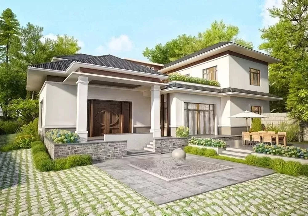 Nhà chữ L 2 tầng ở nông thôn 4 phòng ngủ 7x14m