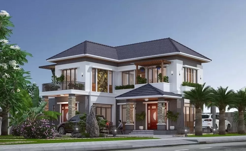 Nhà chữ L 2 tầng ở nông thôn 4 phòng ngủ 8x12m