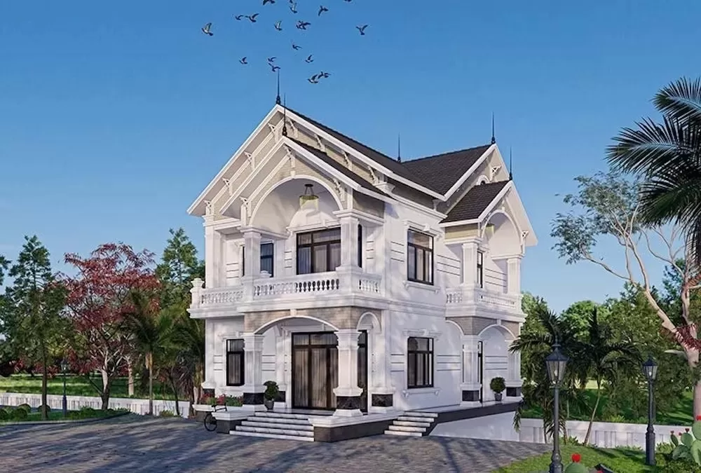 Kiến trúc nhà vuông 2 tầng 4 phòng ngủ ở nông thôn 800 triệu