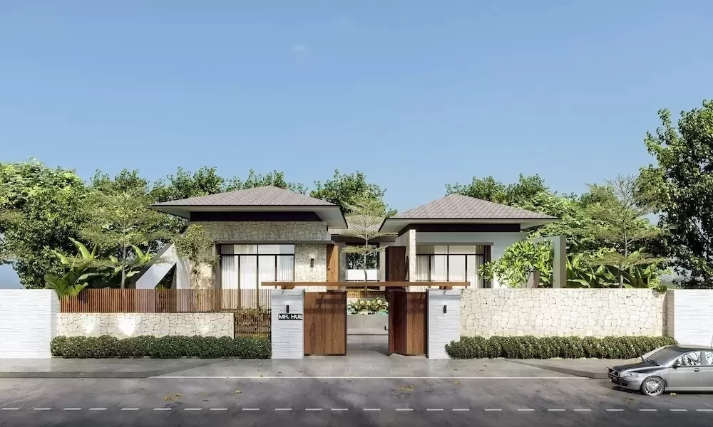 Thiết kế nhà 2 tầng hiện đại hình chữ U ở nông thôn 4 phòng ngủ