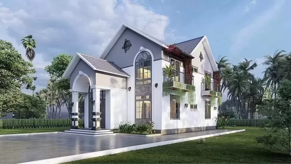 Mẫu nhà 2 tầng tân cổ điển 4 phòng ngủ ở nông thôn thiết kế thông tầng