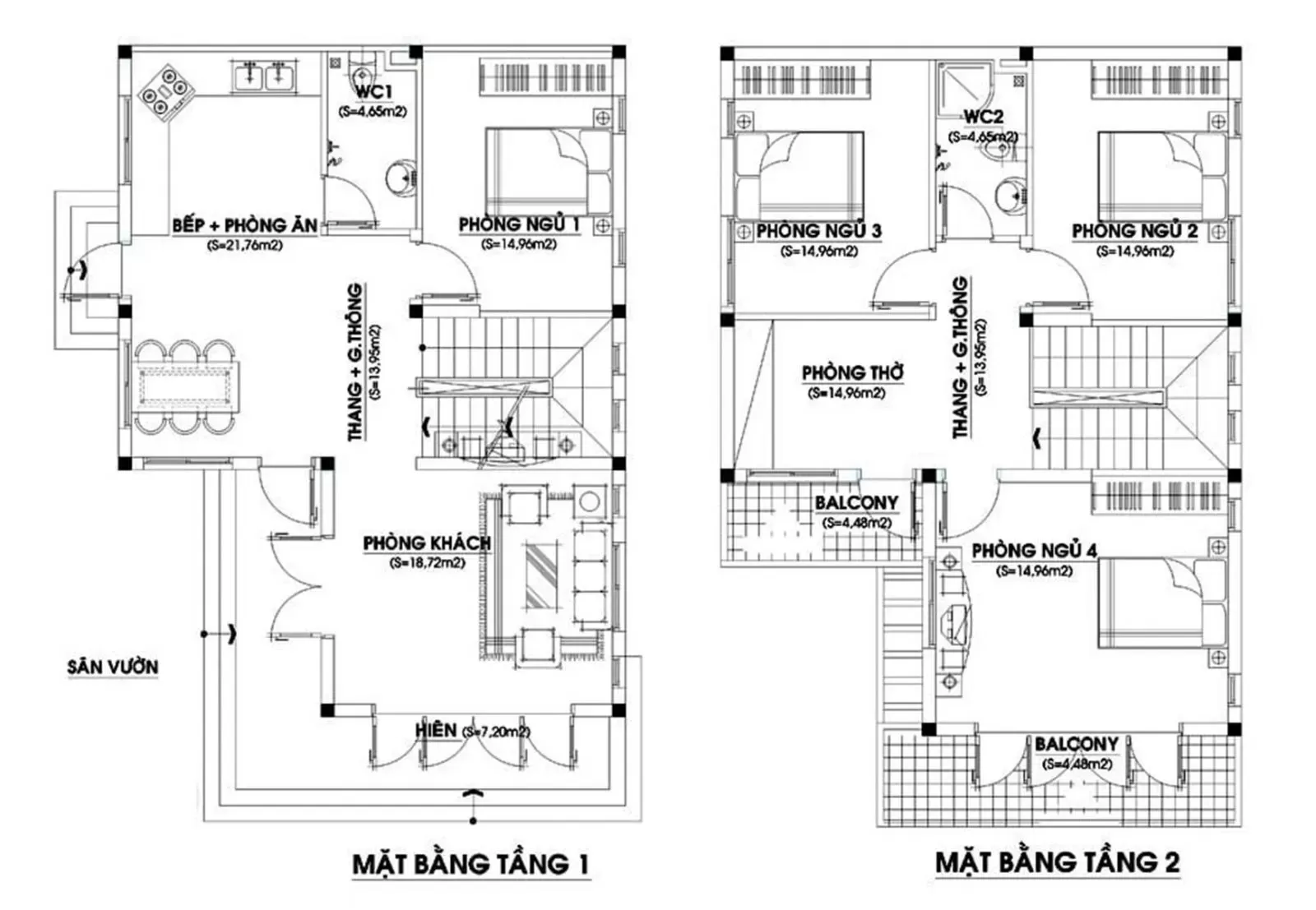 Mặt bằng tầng 1, tầng 2 của mẫu biệt thự