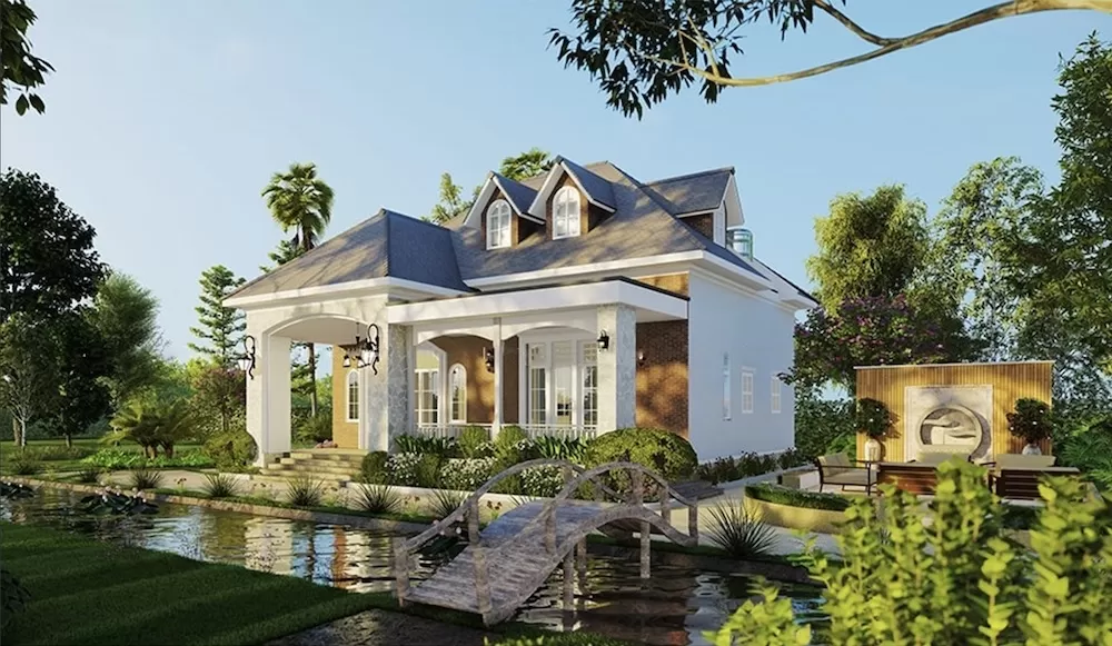Nhà vườn nhỏ xinh kiểu châu Âu tân cổ điển có ao trước nhà