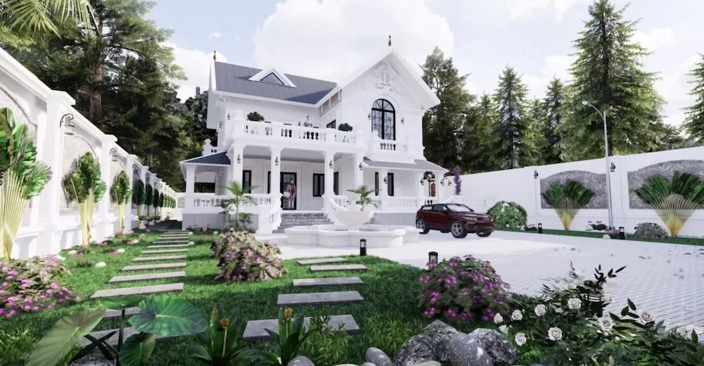 Nhà vườn chữ L 2 tầng tân cổ điển