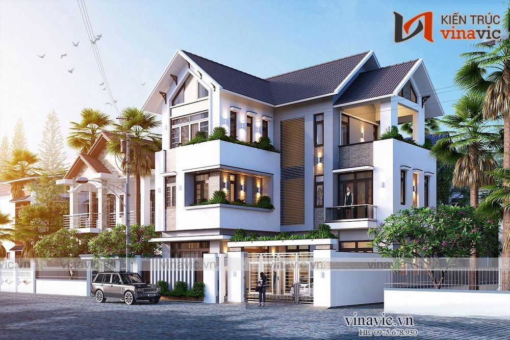 Thiết kế nhà biệt thự 3 tầng mái thái hiện đại công năng khoa học