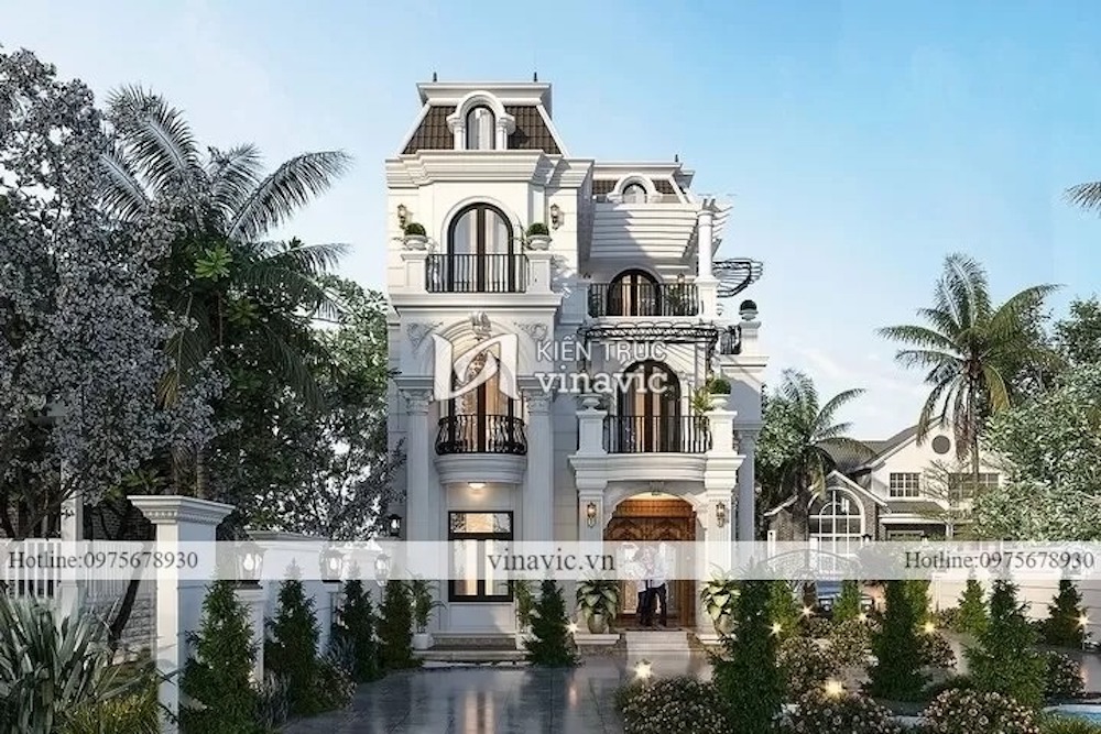 Nhà 3 tầng chữ L tân cổ điển đẹp nổi bật với màu trắng tinh tế