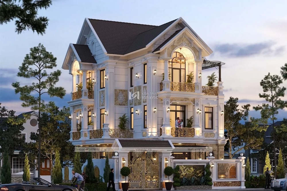 Màu trắng của thiết kế nhà phố 3 tầng chữ L tân cổ điển ấn tượng
