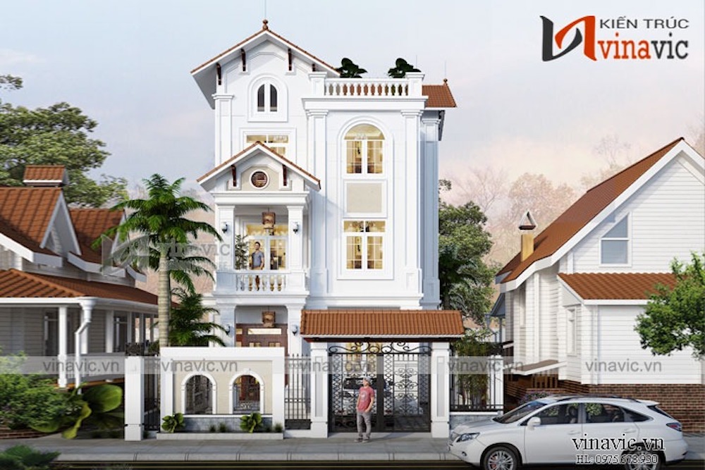 Nhà tân cổ điển chữ L 3 tầng kiểu Pháp thu hút ánh nhìn