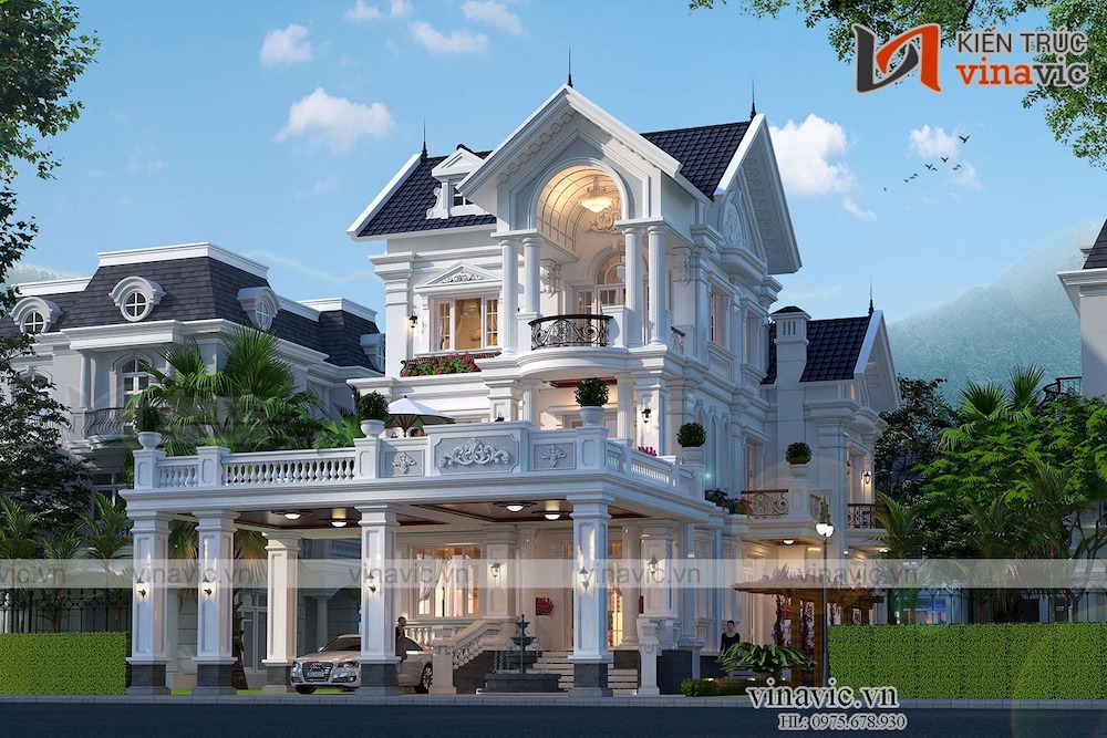 Nhà biệt thự tân cổ điển 3 tầng dáng chữ L thoáng đãng
