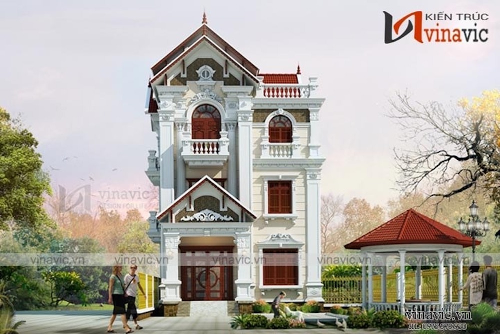 Thiết kế các trụ cột chắc chắn, phào chỉ sắc nét cho nhà biệt thự 3 tầng