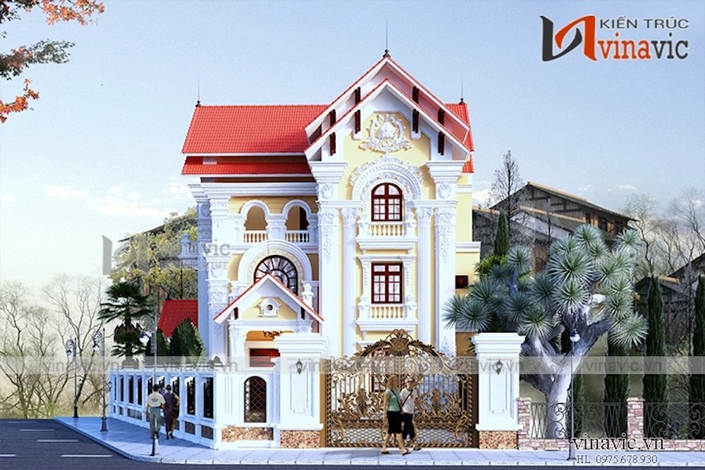 Biệt thự 2 mặt tiền 3 tầng dáng chữ L kiểu Pháp được yêu thích nhất hiện nay