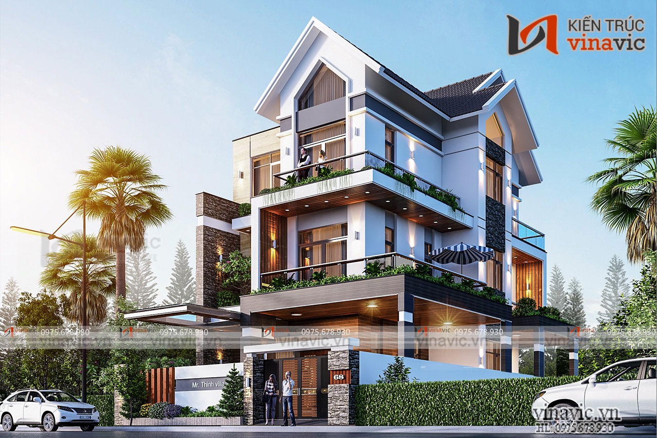 Mẫu nhà biệt thự phố mặt tiền 8m sâu 14m 3 tầng hiện đại mái thái