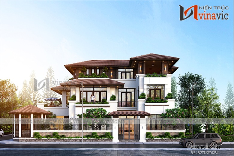 Thiết kế biệt thự phố 3 tầng hiện đại mái nhật