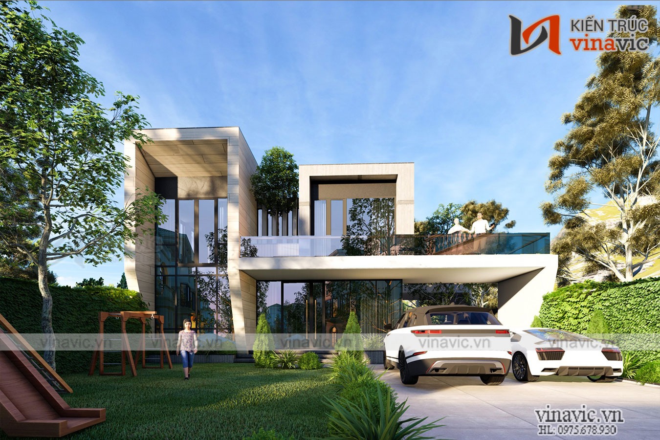 Thiết kế biệt thự 2 tầng hiện đại với nhiều vách kính 500m2 ở Mộc Châu, Sơn La La