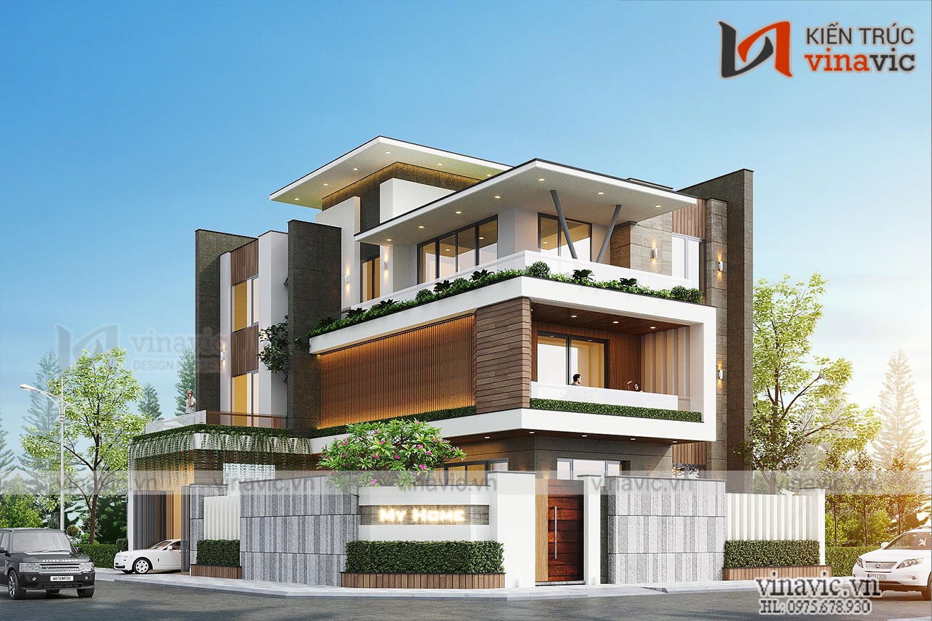 Mẫu nhà biệt thự hiện đại 3 tầng 2 mặt tiền mái bằng 180m2