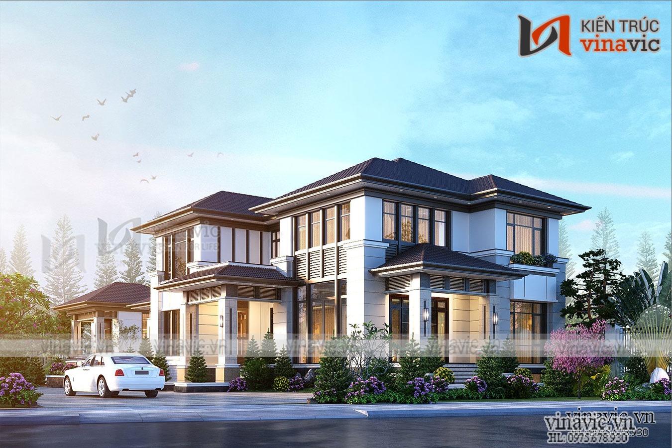 Nhà vườn chữ L phong cách hiện đại mái nhật với 2 tầng rộng rãi, thoáng mát