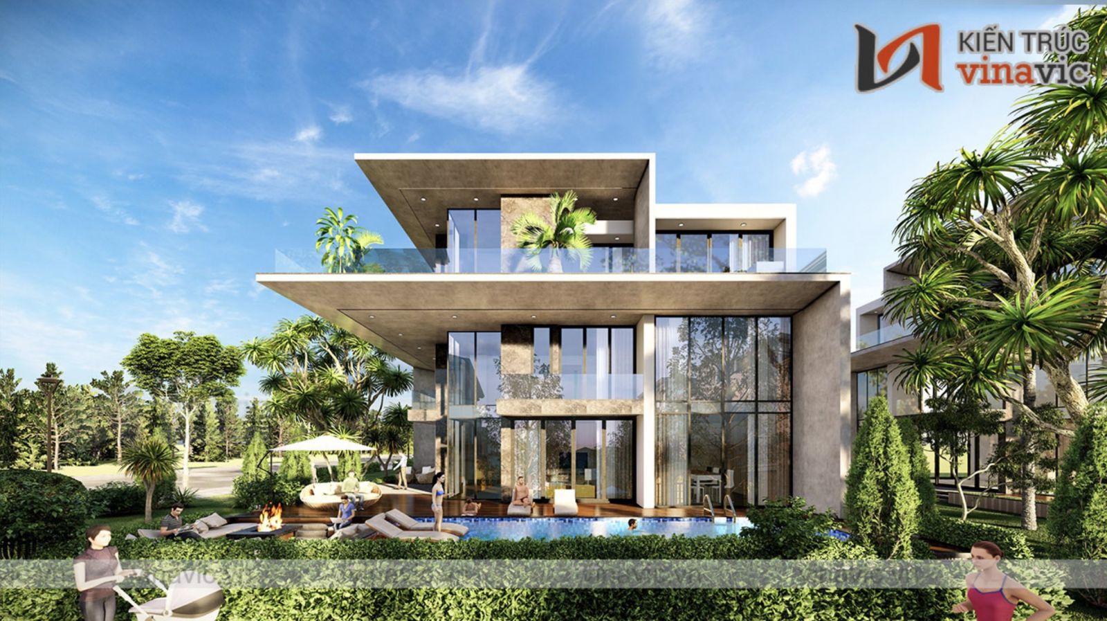 Biệt thự nghỉ dưỡng phong cách hiện đại có bể bơi ở sân vườn