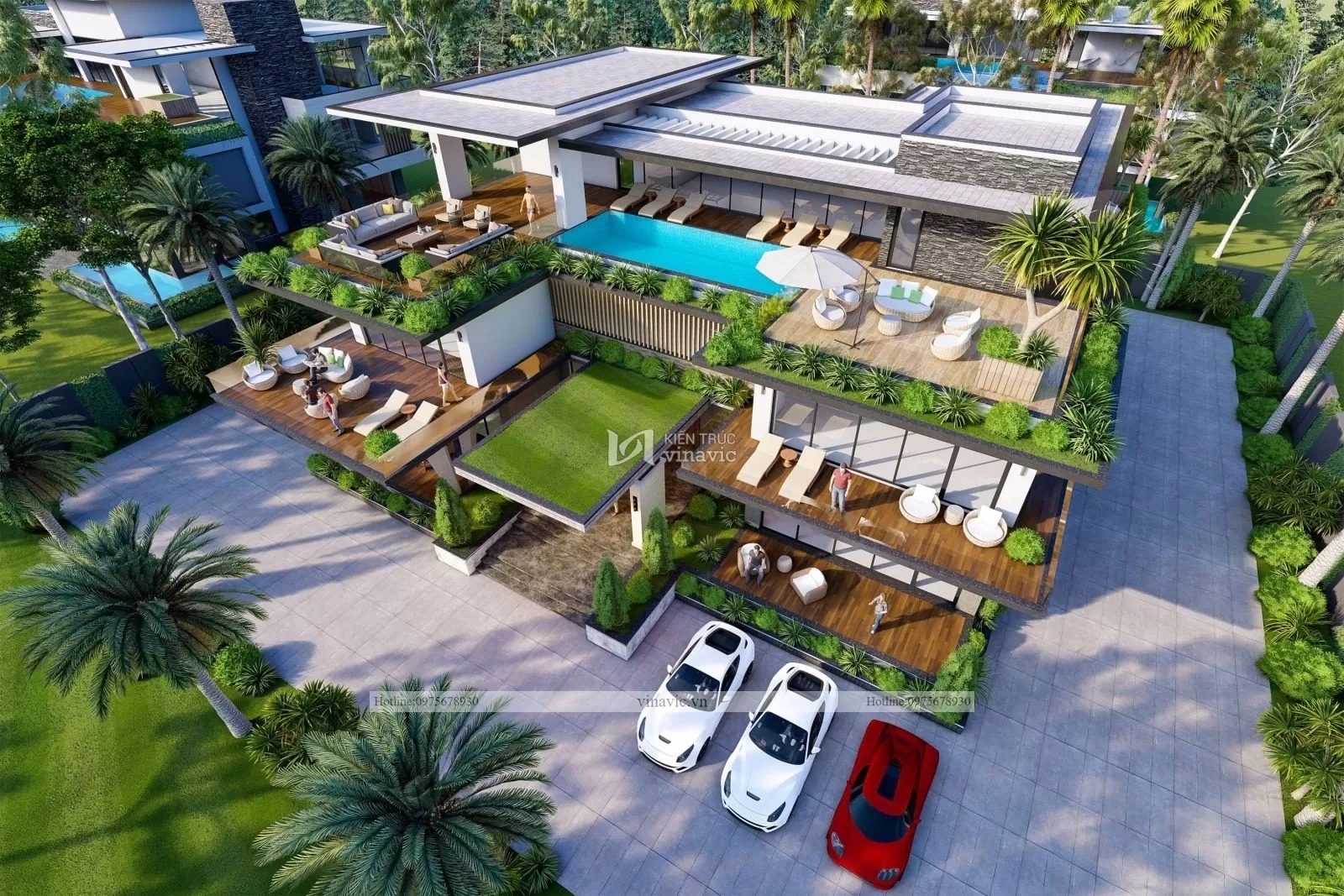 Mẫu thiết kế biệt thự hiện đại có hồ bơi sân thượng