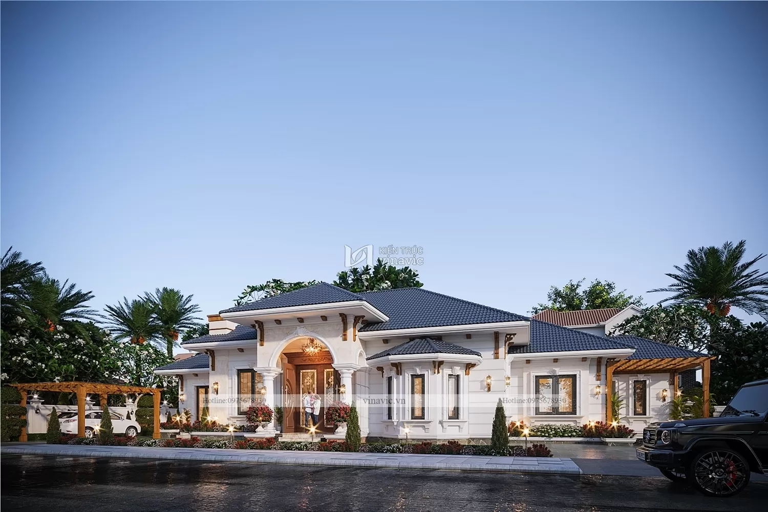 thiết kế mẫu biệt thự tân cổ điển 1 tầng 300m2