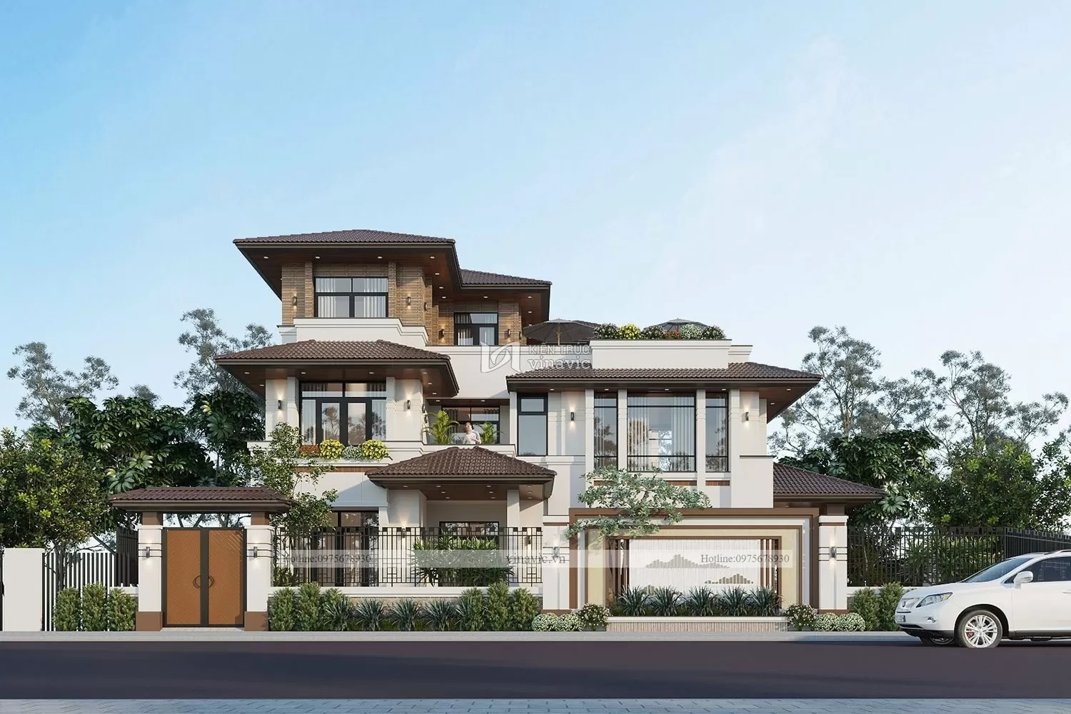 Mẫu nhà 3 tầng 2 mặt tiền hiện đại lô góc mái nhật