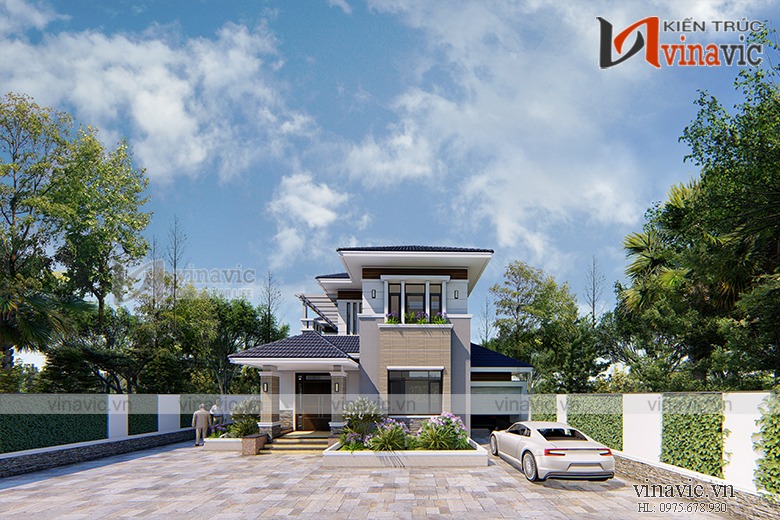 Biệt thự mini 2 tầng mái thái được bố trí sân vườn rộng