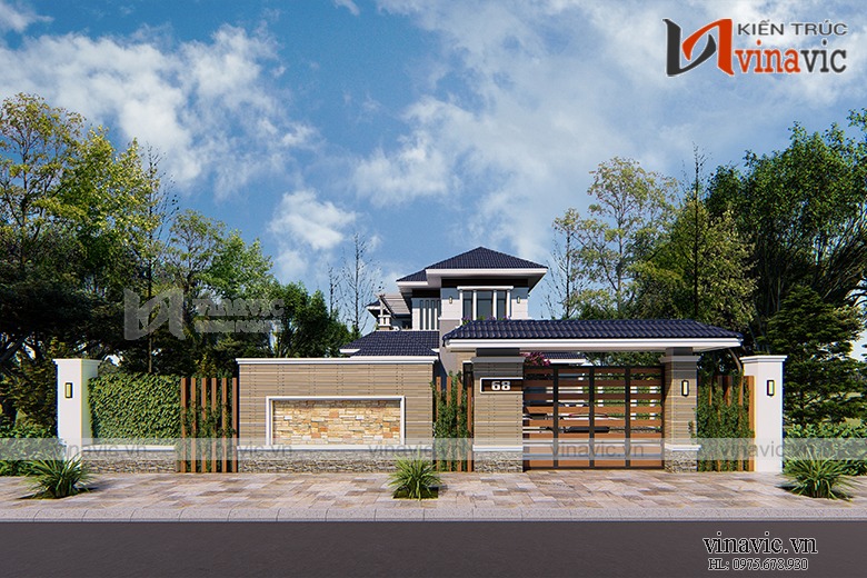 Cổng vào biệt thự mini 2 tầng hiện đại được làm bằng đá và gỗ tạo vẻ đẹp sang trọng