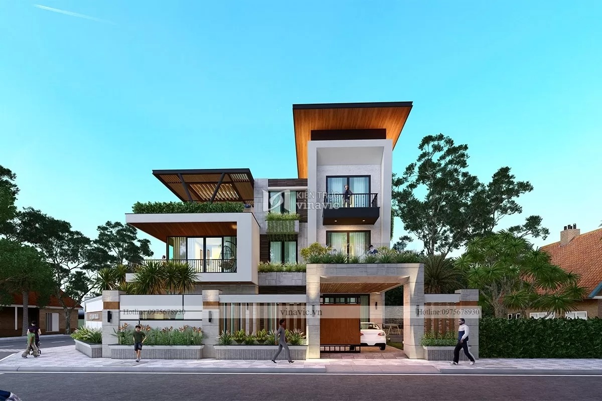 Kiến trúc biệt thự mini 3 tầng mái bằng đơn giản